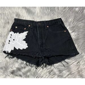 The Ragged Priest Black Frayed Cut Off Floral Appliqué Denim Shorts